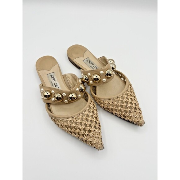 Jimmy Choo Basette Flats Beige/Nude Raffia w/ Gold Metal Embellishments Sz EU 36 - Picture 2 of 9